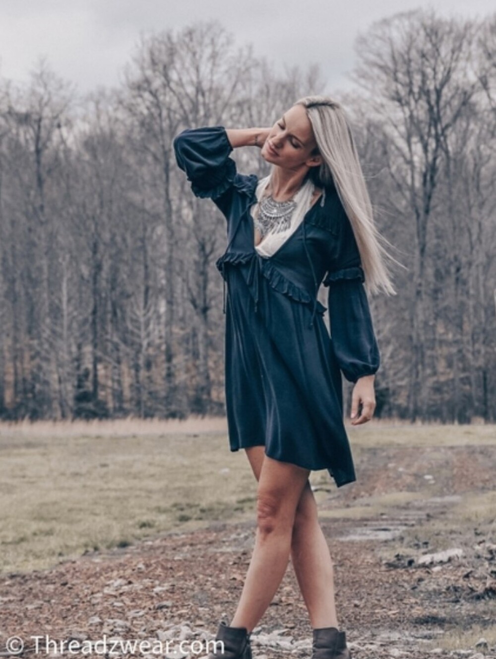 Threadzwear Navy Ruffle V-Neck Mini Dress